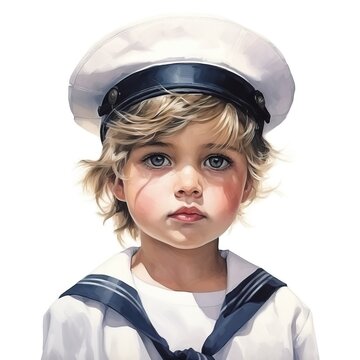 Cute little sailor boy in a marine suit. Watercolour nautical illustration for children. Hand painted on white background.