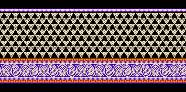 Seamless vector bandhani border design. Peacock feather motif simple geometric design ditzy allover ornament. Dot diamond print block for apparel textile, dress fabric, phone case. Black blue