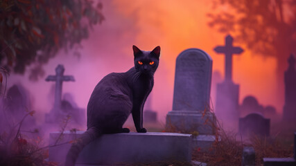 Black cat sitting on a gravestone, isolated on pastel blurred background and halloween pumpkin ornament, design for greeting card, halloween theme. Generative AI