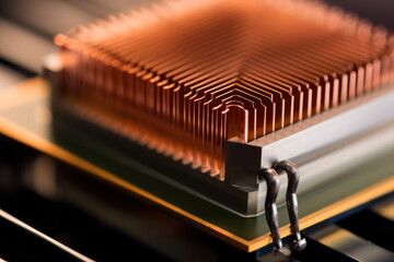 Extreme close-up of a heat sink attached to a transistor with visible heat dissipation in action - obrazy, fototapety, plakaty
