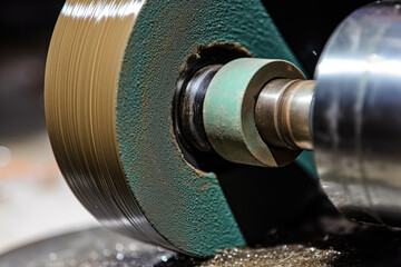 Extreme close-up of a grinding wheel producing a clean edge on a metal part