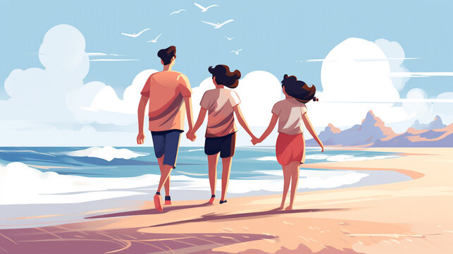 two girls and a man walking on the beach on a sunny day, colorful illustration. Generative Ai. 