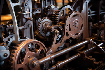 Extreme close-up of hopper's interior, showcasing intricate mechanisms and gears that drive the manufacturing process