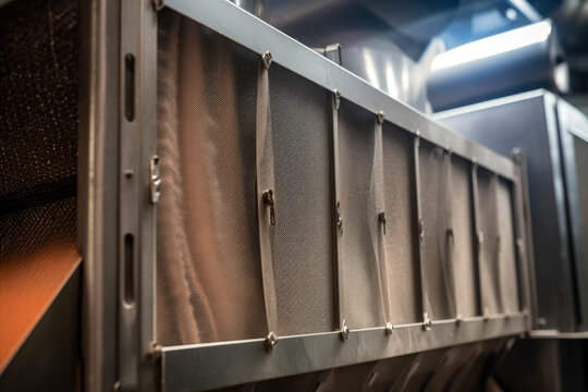 Extreme close-up of the filter system in an industrial dust collector removing fine particles from the air