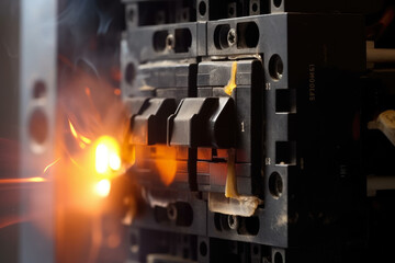Extreme close-up of a circuit breaker tripping with a flash of electricity and smoke