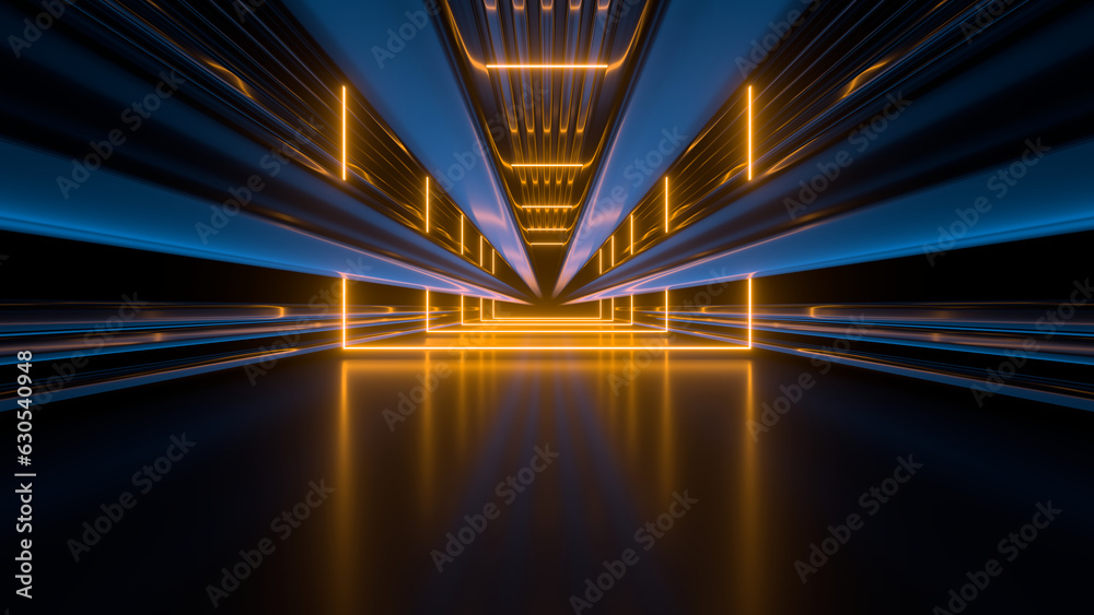 Wall mural sci fy neon glowing lines in a dark tunnel. reflections on the floor and ceiling. 3d rendering image