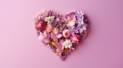 Heart of tender spring flowers. Pastel romantic background.