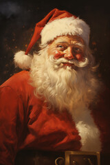 Portrait of friendly Santa Claus smiling and looking at camera with Christmas photo background.