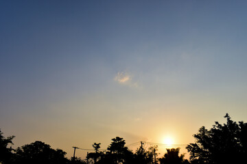 beautiful blue sky and cloud with golden ray sunrise and big tree in the morning, natural background