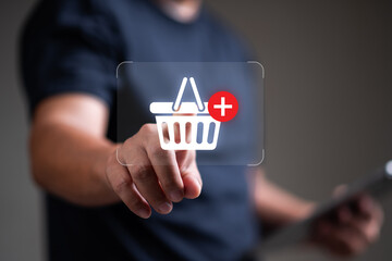 Online shopping,  Man using smartphone with shopping cart icon, e-business, ecomerce, shopping on internet, service on the online web.