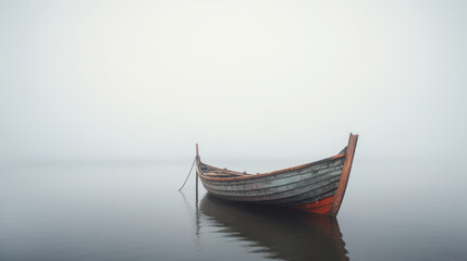 Old lonely boat on the river in the fog - Powered by Adobe