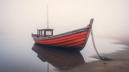Old lonely boat on the river in the fog