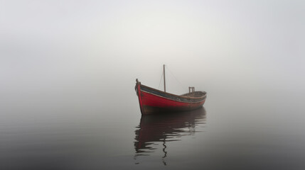Old lonely boat on the river in the fog