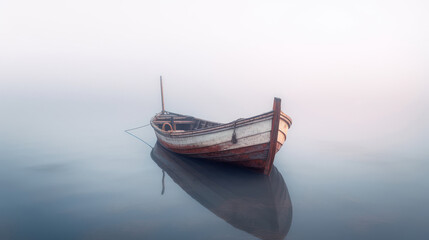 Naklejka na ściany i meble Old lonely boat on the river in the fog