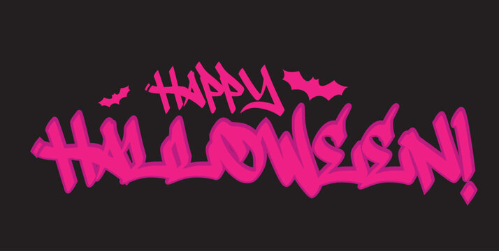  Happy Halloween slogan with the image of bats. Artwork for streetwear, t-shirts, bomber jackets, hoodies. Urban style of street graffiti. Concept of party, celebration, prank. Nostalgia for the 1980'