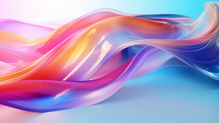 Naklejka premium Whispering Shimmers 3D Translucent Glass Ribbons and Dynamic Holographic Waves Interweave on a Serene White Abstract Canvas, Conjuring an Enigmatic Banner Background and Wallpaper