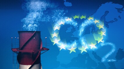 European flag and polluting factory with smoke