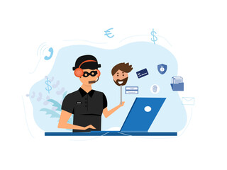 Criminal hacker holding friends mask for hacking on laptop screen stealing money ,cyber crime, theft of personal data, password, credit card flat vector illustration.