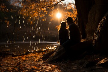 Fototapeta premium A couple stands united under a towering tree, their silhouettes framed against the sky, symbolizing strength, love, and connection in a powerful visual metaphor.