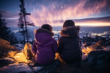 Bundled-up children stare at the purple-tinted aurora borealis, their faces lit with fascination.