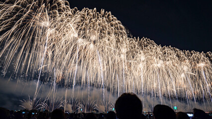金色の花火が夜空に広がる、夏のイベント花火大会