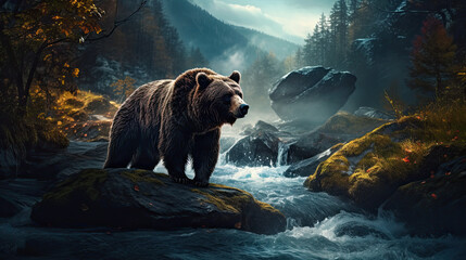 A grizzly bear looks across a rushing mountain river.
