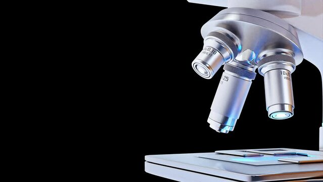Microscope close-up in scientific laboratory. Space side for banner and logo. Can be used in education, science or medicine industry. Animation seamless loop on black background and Alpha Channel.