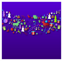 Merry Christmas and Happy New Year greeting card with the participation of Santa Claus, reindeer, christmas tree and seasonal elements. For posters, banners, sales and other winter events.