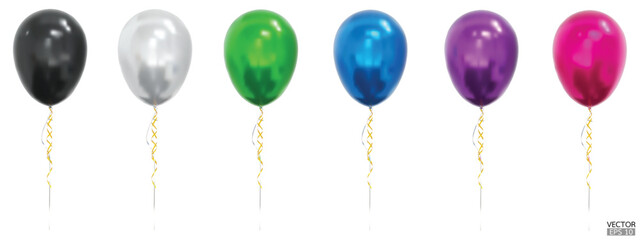 Set of realistic vector colorful balloons isolated on white background. Helium balloons clipart for anniversary, birthday, wedding, party. 3D vector illustration. © vensto