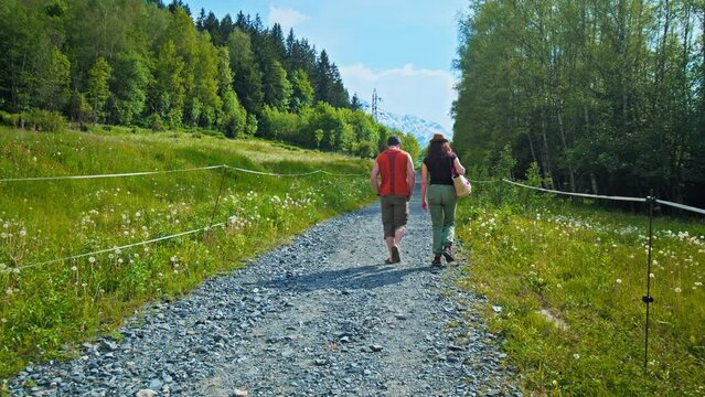 Beautiful Unrecognizable Couple Walking Up The Hill In The Alps Mountains. A Couple Walking On A Green Path Leading To Compagnie Du Mont Blanc In Chamonix, France