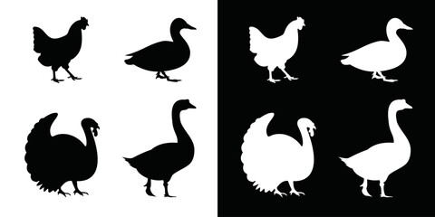 Logo template of chicken farm, turkey farm, duck farm, goose farm. goose, duck, turkey, chicken symbol in black and white colors.
