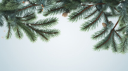 Captivating Top View of Christmas Tree Branches on a Minimal White Background, Evoking a Serene Winter Wonderland of Natural Beauty and Festive Delight

