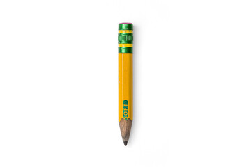 Well worn Used up Short No.2 Yellow Pencil Isolated with Transparent shadow Top Down Flat Lay