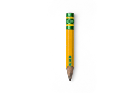 Well worn Used up Short No.2 Yellow Pencil Isolated with Transparent shadow Top Down Flat Lay