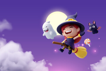 3d Vector of little witch and bat are flying with ghost in sky at night,
