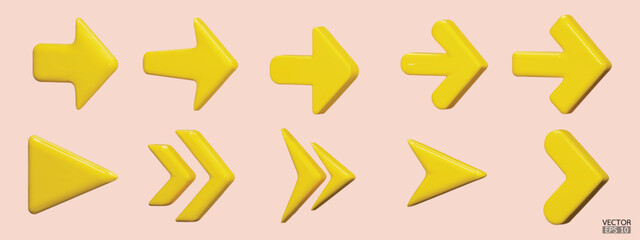 Set of yellow vector arrows. Shiny 3d glass Arrows icon. Arrows Cartoon minimal style collection. 3d vector illustration.
