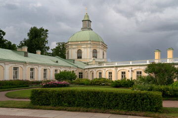 View of the side West Pavilion (Church Pavilion) of the Great (Menshikov) Palace in the Oranienbaum Palace and Park Ensemble on a sunny summer day, Lomonosov, Saint Petersburg, Russia