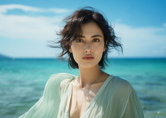 海を背景に風になびく髪のアジア人女性