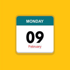 february 09 monday icon with yellow background, calender icon