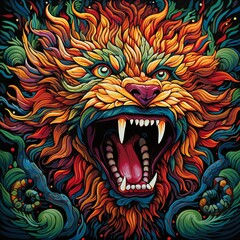 Colorful wild majestic lion head illustration, psychedelic lion clipart