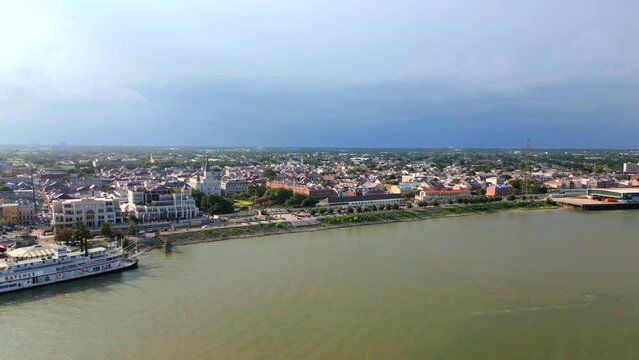 Aerial video New Orleans French Quarter and Marigny on the Mississippi River