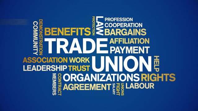 Trade Union animated tag word cloud;text design animation kinetic typography seamless loop.