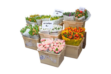 Cutout of an isolated fresh tulip flowers in crates for sale  with the transparent png 