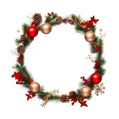 Fototapeta na wymiar Christmas festive circle tree decorations. Christmas wreath with red golden baubles holiday ornaments isolated on white background.