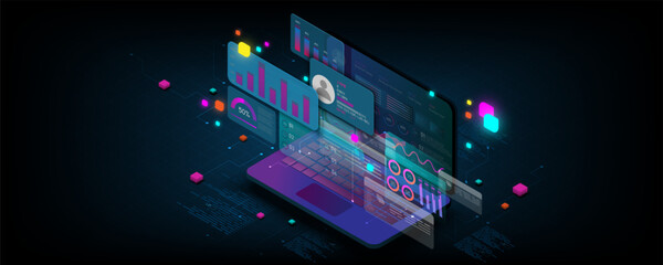 
Laptop technology background image, analyst concept, business graph, web development, virtual screen on blue background.