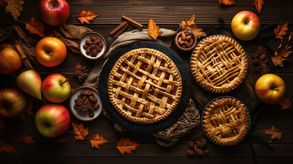 Fototapeta na wymiar delightful assortment of homemade autumn pies featuring pumpkin, apple, and pecan on a rustic wood surface