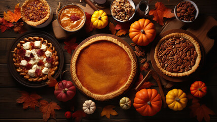 Fototapeta premium delightful assortment of homemade autumn pies featuring pumpkin, apple, and pecan on a rustic wood surface