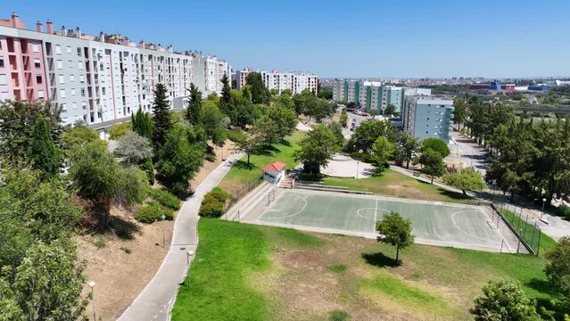 Drone shot flying by a small park south of Lisbon.