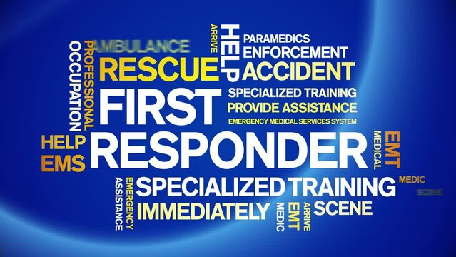 First Responder animated tag word cloud;text design animation kinetic typography seamless loop.