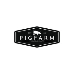 Vintage pig farm logo design with hipster drawing style
